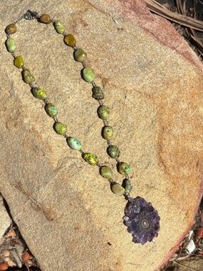 Handcrafted Green Turquoise with Amethyst Flower Pendant Necklace